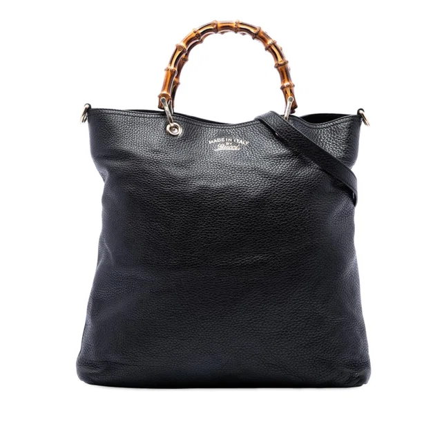 Black Gucci Tall Pebbled Calfskin Bamboo Shopper Tote Satchel in Black Calfskin from Designer Revival