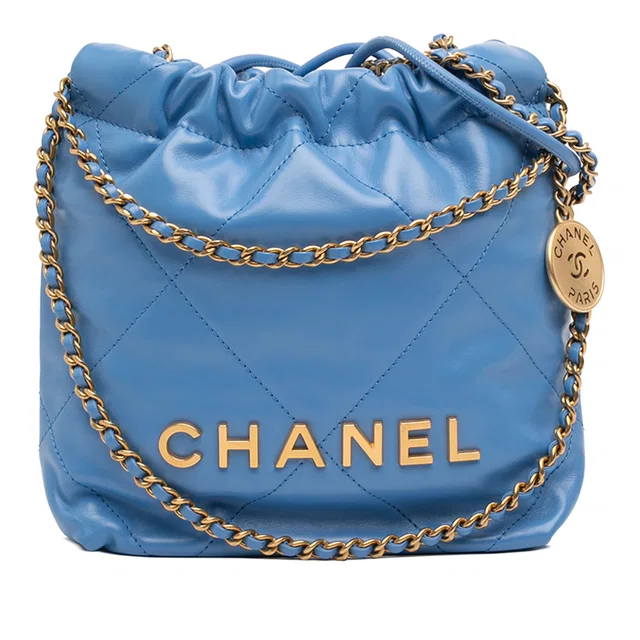 Blue Chanel Mini Shiny Calfskin 22 Handbag Satchel in Blue Calfskin from Designer Revival