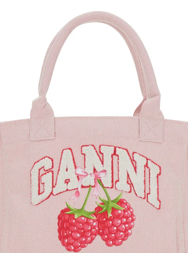GANNI Pink Small Tote Bag with Raspberry Print and Logo Lettering on the Front in Cotton for Women in Pink, photo 10 of 10 from Gaudenzi Boutique