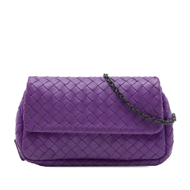 Purple Bottega Veneta Mini Nappa Intrecciato Expandable Chain Flap Crossbody in Purple Nappa leather from Designer Revival
