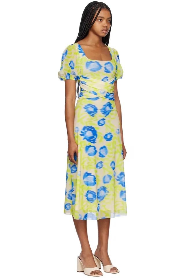 GANNI Green & Blue Printed Midi Dress, photo 2 of 4 from SSENSE