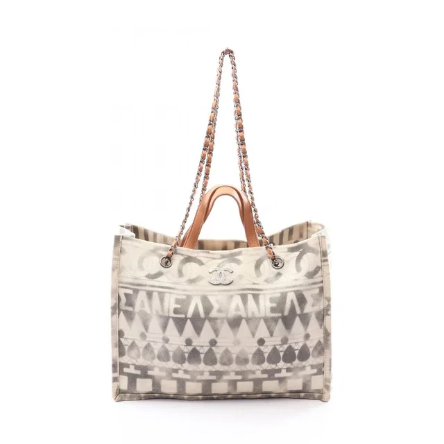 Chanel Tote Bag CC Logo 2-Way Off White Black Camel Canvas Leather Shoulder in Black Canvas from The Reluxe