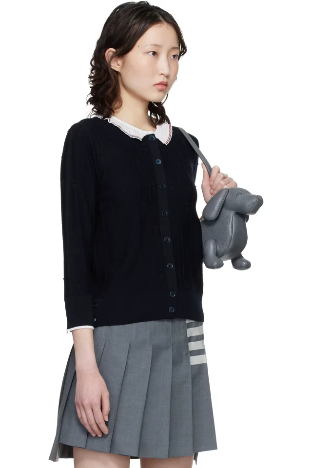 Thom Browne Navy Merino Wool Bobble Stitch Lace Trim Cardigan, photo 2 of 4 from SSENSE