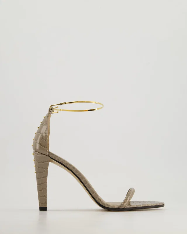 Fendi Filo Grey Embossed Sandal Heels with Gold Ankle Strap Detail Size EU 38 in Grey Calfskin from Sellier