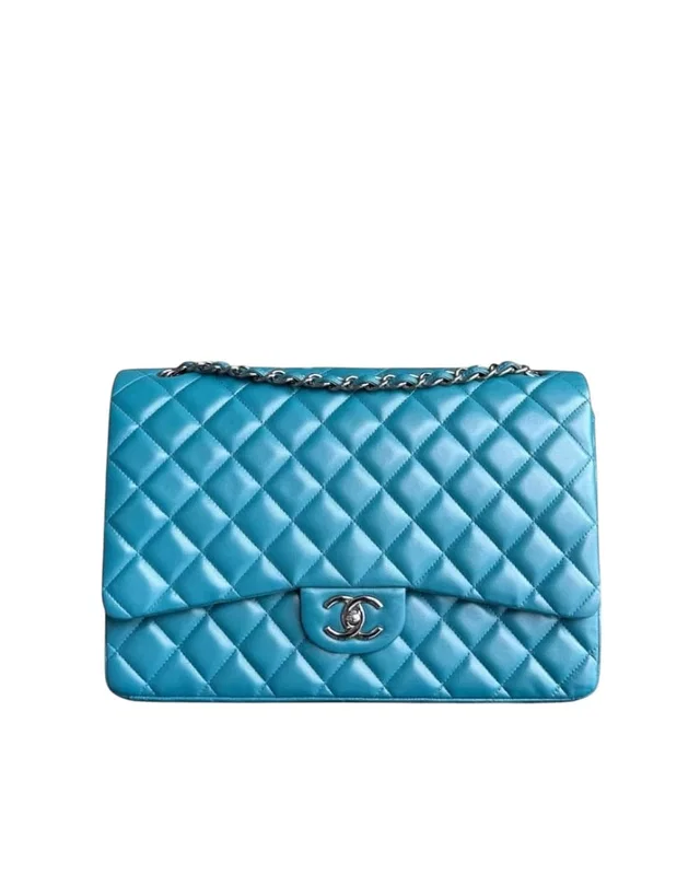 Chanel Classic Flap Maxi - Double Flap 33cm Quilted Lambskin Blue Silver Hardware Series 15 in Blue Lambskin from Luxury Promise