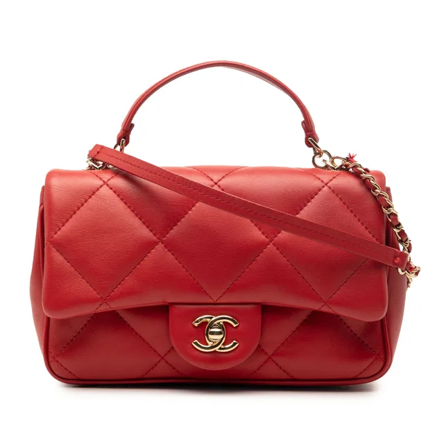 Red Chanel Small Lambskin Easy Carry Flap Satchel in Red Lambskin from Designer Revival