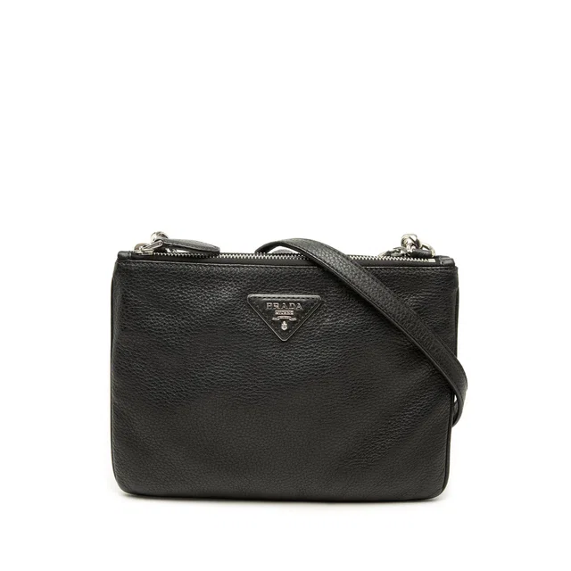 Black Prada Vitello Phenix Double Zip Crossbody in Black Leather from Designer Revival