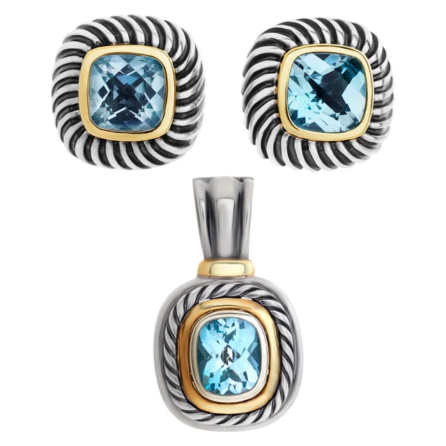 David Yurman Sterling Silver & 14k Gold Blue Topaz Large Albion Enhancer/Pendant And Earrings Set in Blue Yellow Gold, Sterling Silver from Gray And Sons