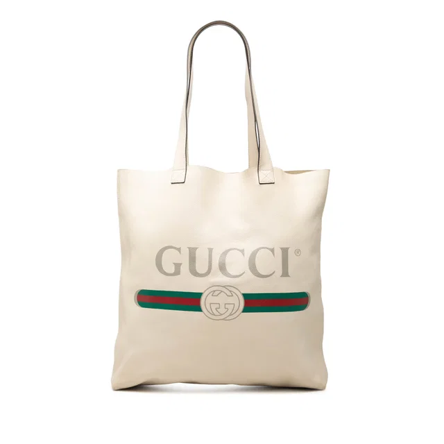 Beige Gucci Calfskin Logo Tote in Beige Calfskin from Designer Revival