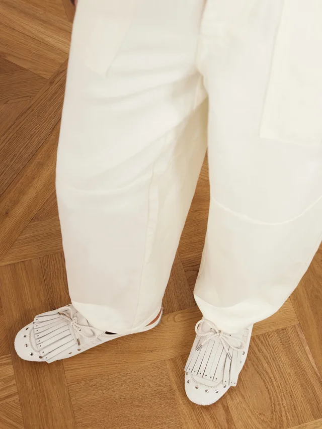 WALES BONNER Montego leather-trimmed studded calf hair slip-ons in White, photo 2 of 2 from NET-A-PORTER (Canada)