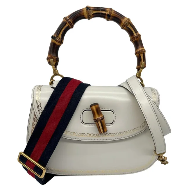 Gucci Bamboo Web Medium Printed Leather Top Handle Shoulder Bag Off White 495880 in White Leather from Dallas Designer Handbags