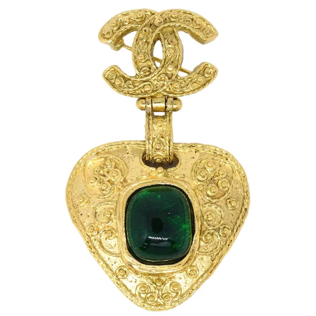 Chanel Brooch Pin Gold Green Gripoix 94A in Green from AMORE Vintage Tokyo