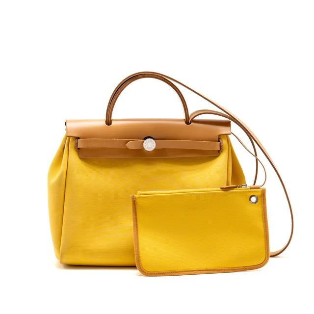 Hermès Herbag 31 Zip Bag Canvas/ Hunter Leather Soleil/ Naturel-Sable SHW Stamp B in Beige Canvas from EMIER