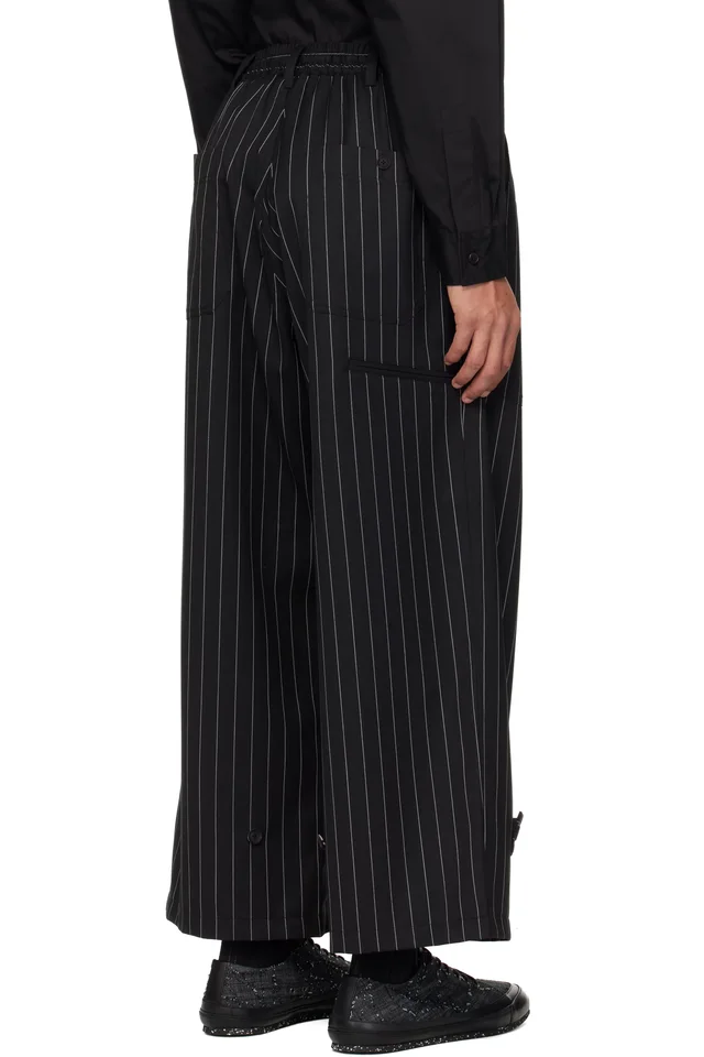 Y-3 Black Pinstripe Refined Wool Wide Leg Trousers, photo 3 of 4 from SSENSE