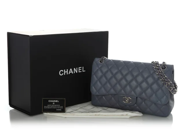 Chanel Jumbo Blue/Gray Quilted Lambskin Classic Double Flap in Blue Lambskin from Ann's Fabulous Finds, photo 2 of 10