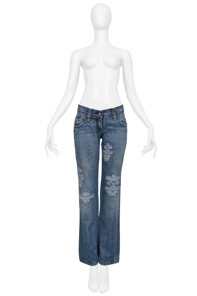 Dolce & Gabbana Distressed Blue Denim Western Jeans With Heavy Stitching in Blue Denim from Resurrection Vintage