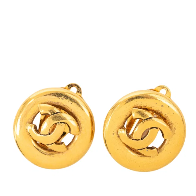 Gold Chanel CC Gold Plated Round Clip On Earrings in Gold from Designer Revival