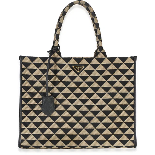 Prada Black Beige Jacquard Saffiano Triangolo Symbole Embroidered Large Tote in Black Saffiano leather from myGemma