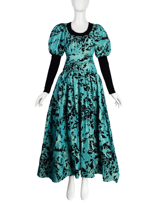 Saint Laurent Vintage Haute Couture AW 1984 Black and Green Velvet Flocked Crinkled Silk Taffeta Gown in Black Velvet from Amarcord Vintage Fashion