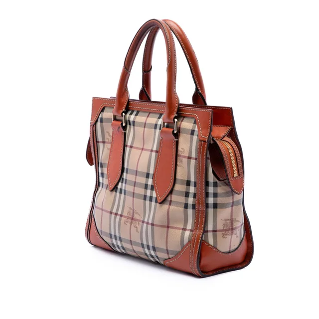 Beige Burberry Small Haymarket Check Coated Canvas Honeywood Tote Satchel in Beige Coated canvas from Designer Revival, photo 2 of 6