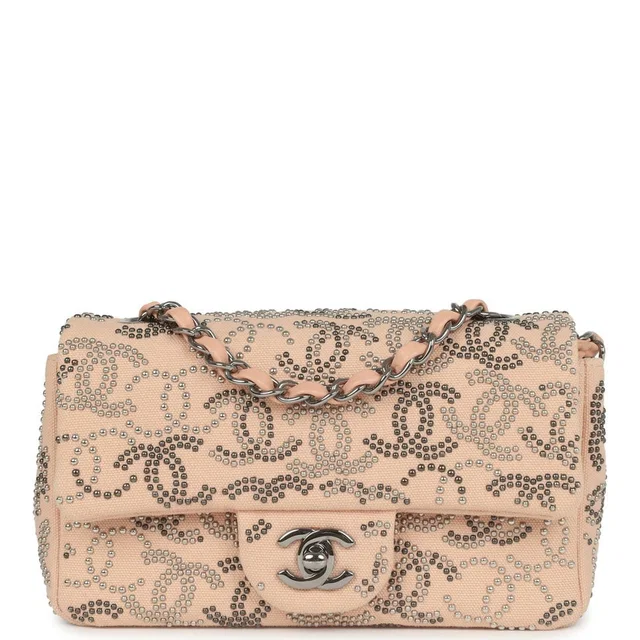Chanel Mini CC Studded Rectangular Flap Bag Light Pink Canvas Ruthenium Hardware in Pink Canvas from Madison Avenue Couture