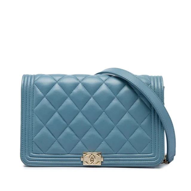 Blue Chanel Quilted Lambskin Boy Wallet On Chain Crossbody Bag in Blue Lambskin from Designer Revival