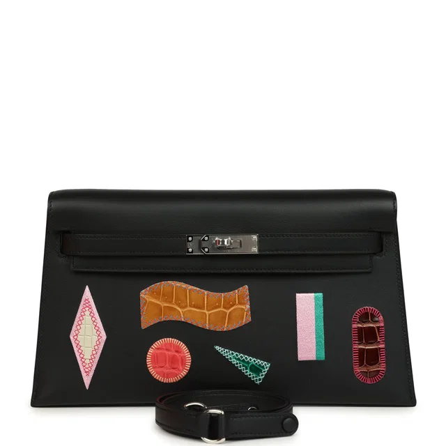 Hermès Kelly Elan Broderie Black Bet-Tab Swift, Niloticus Crocodile and Alligator Palladium Hardware in Black Swift leather from Madison Avenue Couture