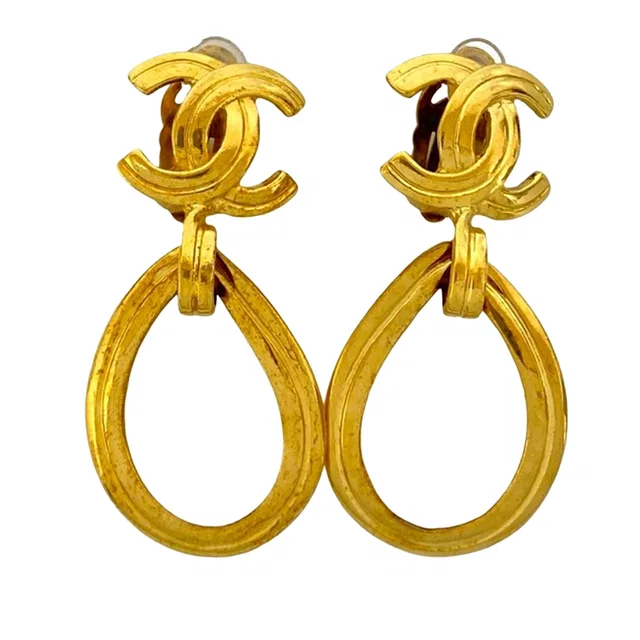Gold Chanel CC Gold Plated Loop Drop Clip On Earrings in Gold from Designer Revival