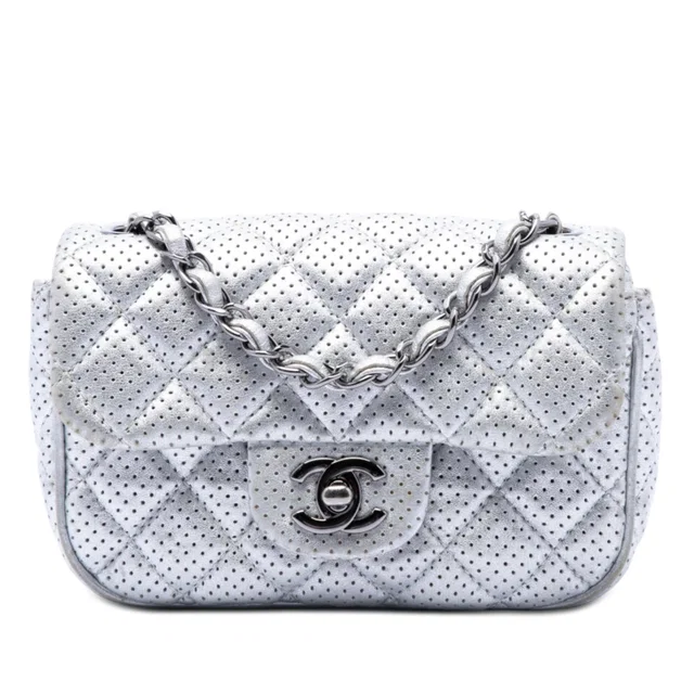 Silver Chanel Mini Square Classic Perforated Lambskin Single Flap Crossbody Bag in Silver Lambskin from Designer Revival