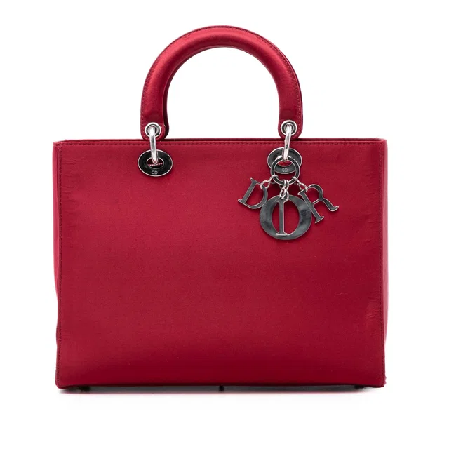 Red Dior Large Satin Lady Dior Satchel in Red Satin from Designer Revival