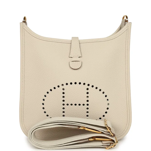 Hermès Evelyne 23 Craie Clemence Gold Hardware in White Clemence leather from Madison Avenue Couture