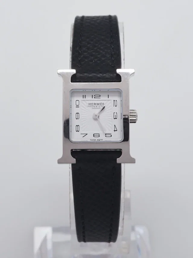 Hermès Stainless Steel and Black Epsom Leather Mini Heure H Quartz Watch HH1.101 in Black Epsom leather from Yoogis