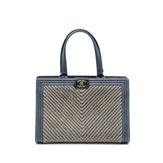 Chanel 15P Boy Chevron Shopping Tote Bag Denim/ Lambskin Blue Ruthenium Hardware in Blue Lambskin from EMIER