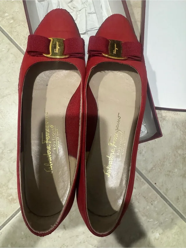 Ferragamo Suede Bow Flats With Gold Logo in red Suede from Poshmark