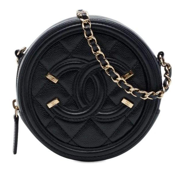 Black Chanel Caviar CC Filigree Round Clutch with Chain Crossbody Bag in Black Caviar leather from Designer Revival