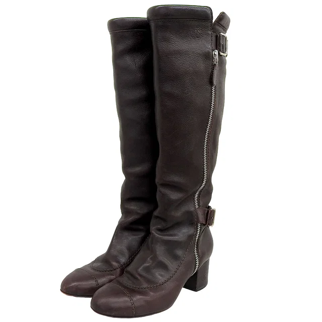 Chanel Leather CC Mark Long Boots #38 Brown in Brown Leather from VINTAGE QOO TOKYO