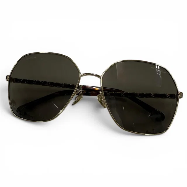 Chanel CC Logo Hexagon Chain Sunglasses Gold Black Demo Lens Eyewear in Black from The Reluxe