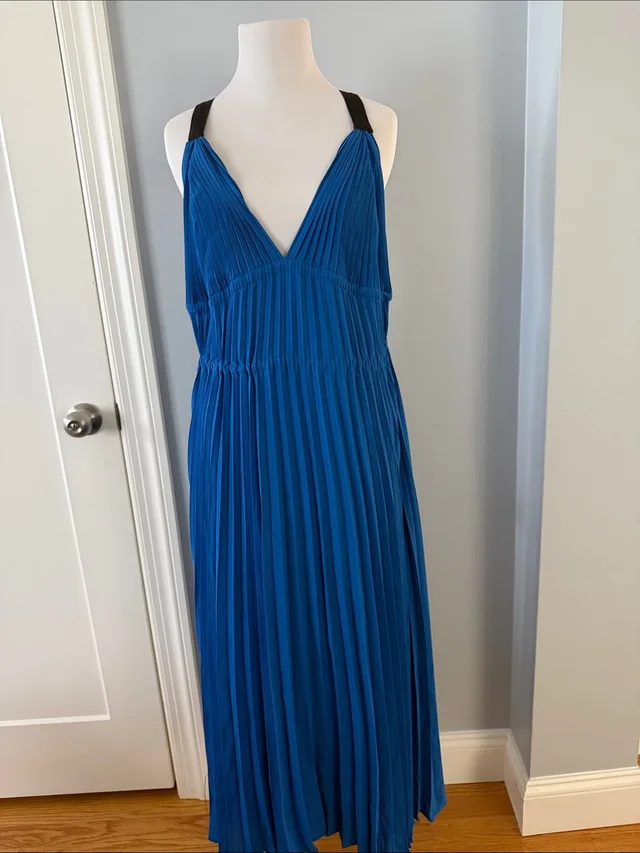 Proenza Schouler Royal Blue Pleated V-Neck Midi Dress With Black Straps in blue|black from Poshmark
