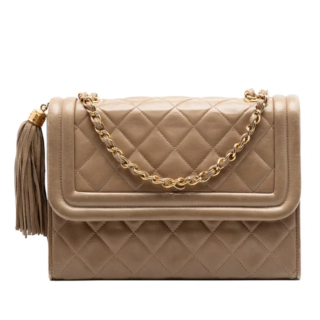 Beige Chanel Quilted Lambskin Tassel Flap Crossbody Bag in Beige Lambskin from Designer Revival