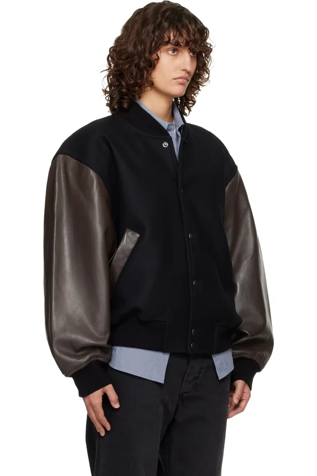 Studio Nicholson Black & Brown Alph Leather Bomber Jacket, photo 2 of 4 from SSENSE