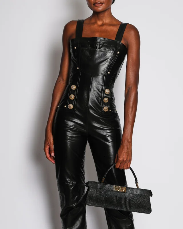 Balmain Black Leather Jumpsuit with Lion Button and Pocket Detail Size FR 36 (UK 8) in Black Leather from Sellier, photo 2 of 2