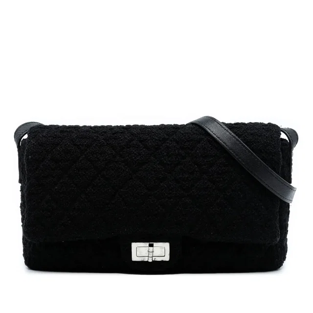 Black Chanel Jumbo Reissue 2.55 Quilted Tweed Easy Messenger Flap Crossbody Bag in Black Tweed from Designer Revival