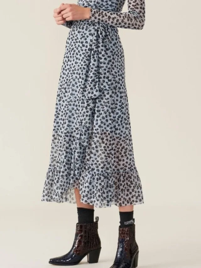 GANNI Women's Printed Mesh Wrap Midi Skirt Size 40 - 36563 in black|gray from Poshmark