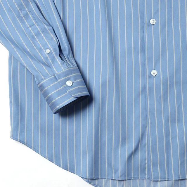 Auralee striped-pattern long-sleeve shirt in Cotton 73%,Silk 27% Details: Single Row Buttons Description: This loose-fitting shirt features a light blue base accented with white…, photo 3 of 7 from SENSER