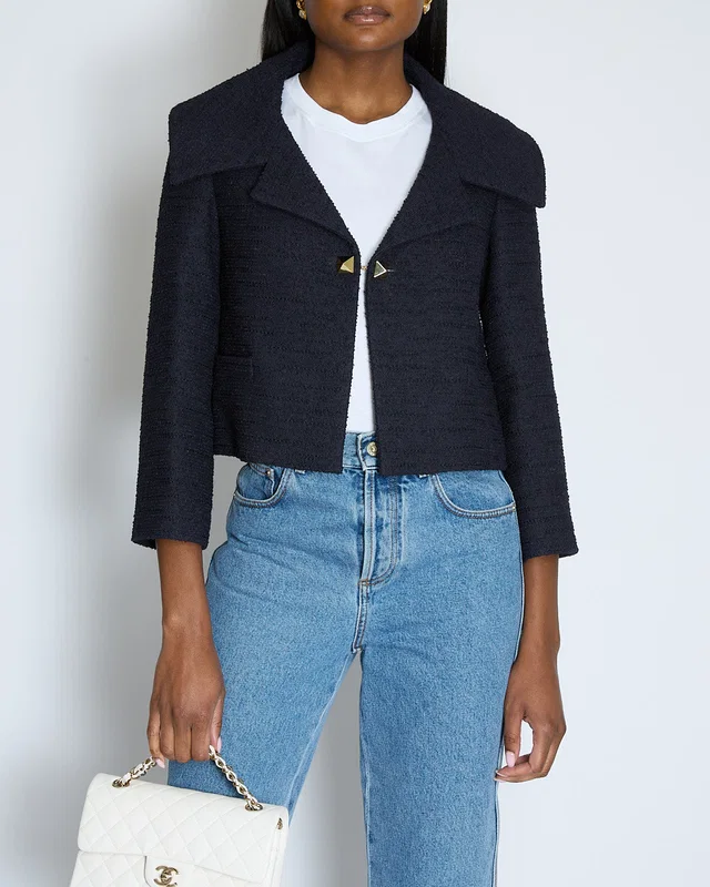 Valentino Garavani Navy Cropped Tweed Jacket with Rockstud Clasp Detail Size IT 38 (UK 6) in Navy Tweed from Sellier