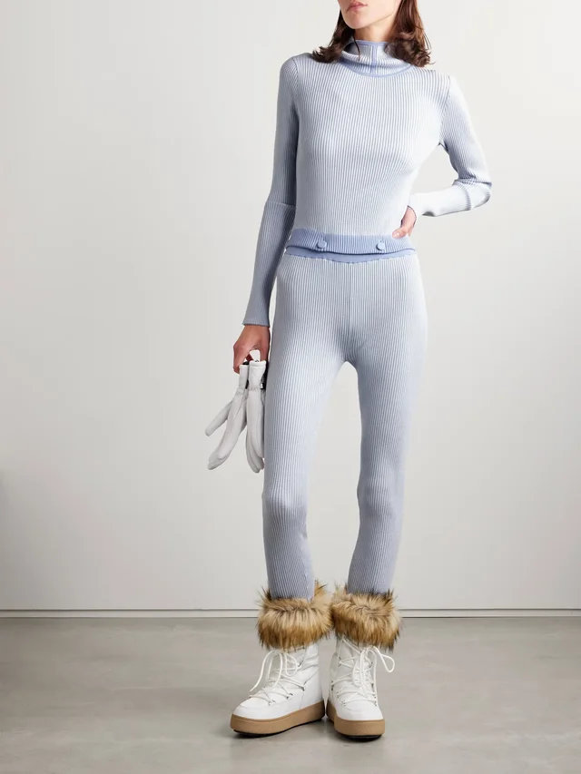 GUEST IN RESIDENCE Speed Skate button-embellished striped ribbed merino wool-blend stirrup leggings in Blue, photo 2 of 2 from NET-A-PORTER (Canada)