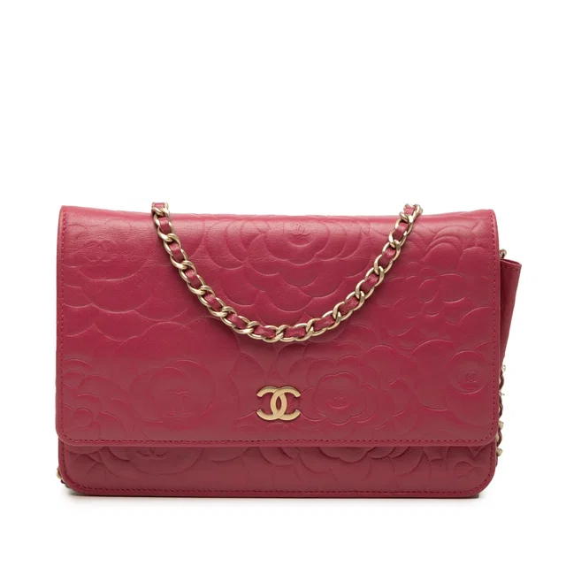 Pink Chanel CC Embossed Lambskin Camellia Wallet On Chain Crossbody Bag in Pink Lambskin from Designer Revival