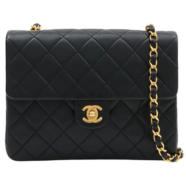 Chanel 1990's Square Classic Flap Chain Bag, Black in Black Lambskin from VINTAGE QOO TOKYO