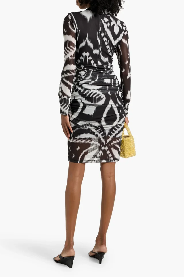 Farm Rio Ruched Printed Stretch-Tulle Midi Dress in Black, photo 3 of 4 from THE OUTNET