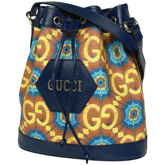 Gucci GG Pattern Shoulder Bag Kaleidoscope Anniversary Yellow Navy in Navy Coated canvas from The Reluxe